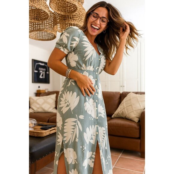 O'Neill XXL Claire Tropical Short Sleeve Collar Sundress Slit Maxi Dress Green - Picture 1 of 16
